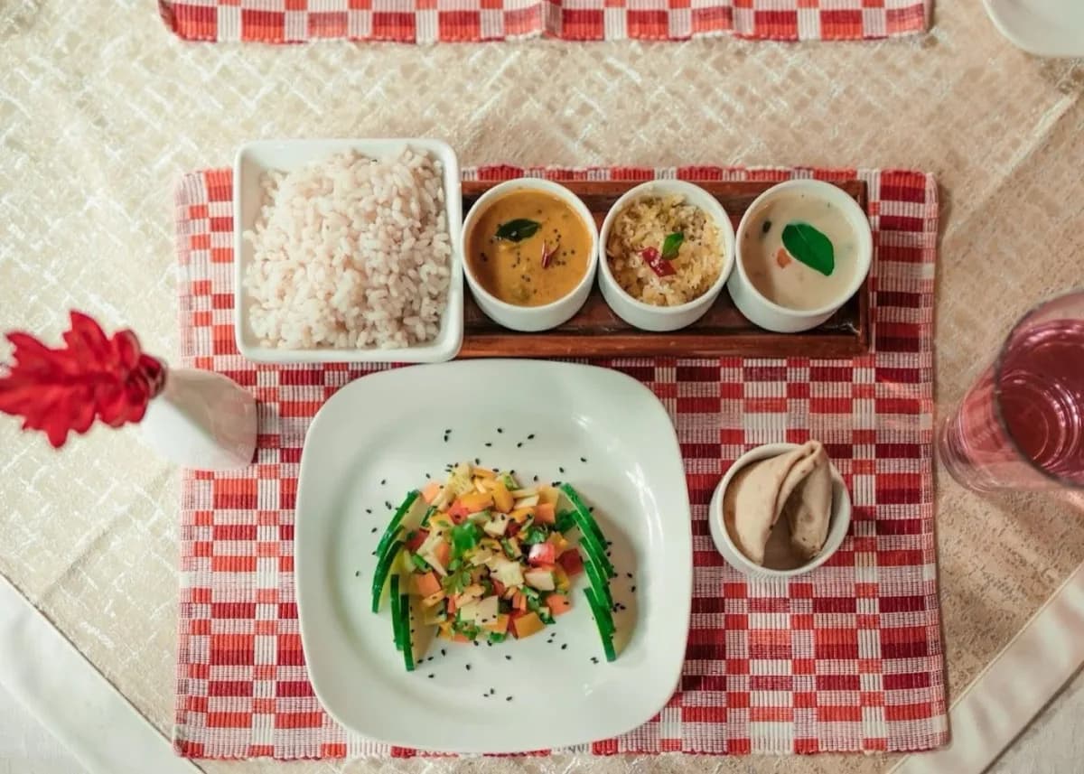 Meal served with rice and several small side dishes