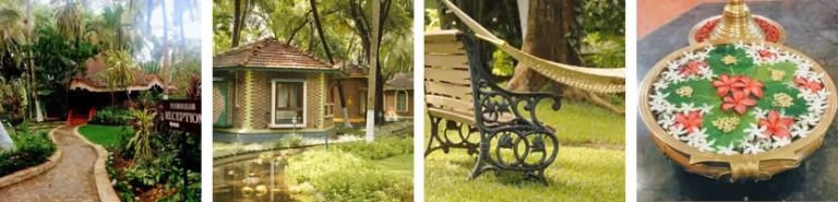 A collage of cottages, a garden bench and a flower arrangement.