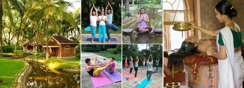 Коллаж: коттеджи, практика йоги и аюрведическая процедура.