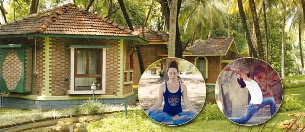 A cottage and two inset yoga photographs.