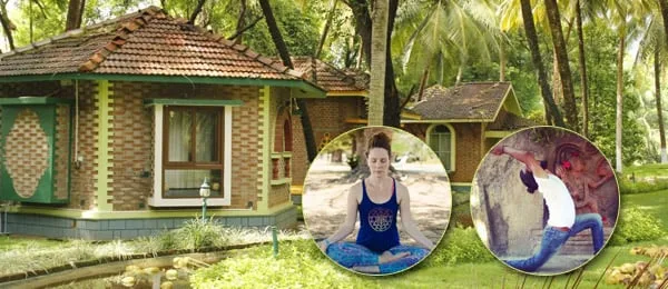 Un cottage e due fotografie di yoga inserite.