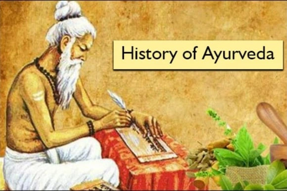 आयुर्वेद का इतिहास - जड़ी-बूटियों के पास ताड़पत्र पर लिखते ऋषि का चित्रण
