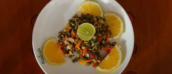 Salat aus gekeimten grünen Mungbohnen mit Karotte, Zwiebel und Zitrusscheiben auf einem Kairali-Teller