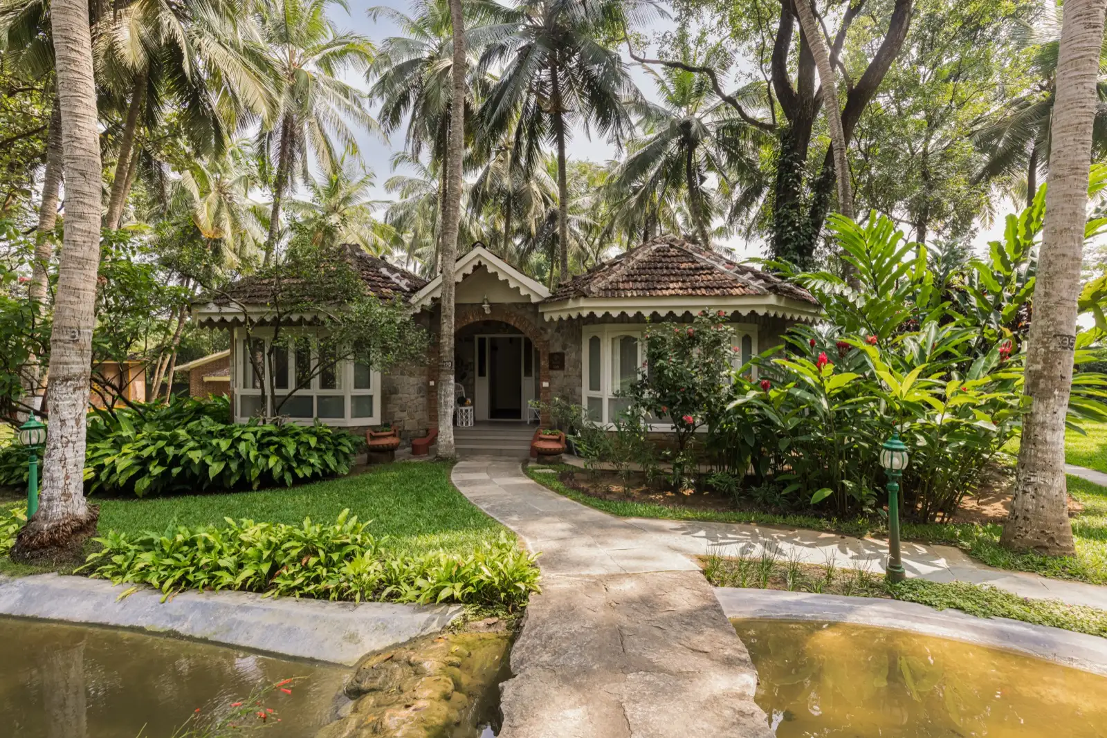 椰林间带瓦砌山墙屋顶的石砖患者小屋；园林草坪