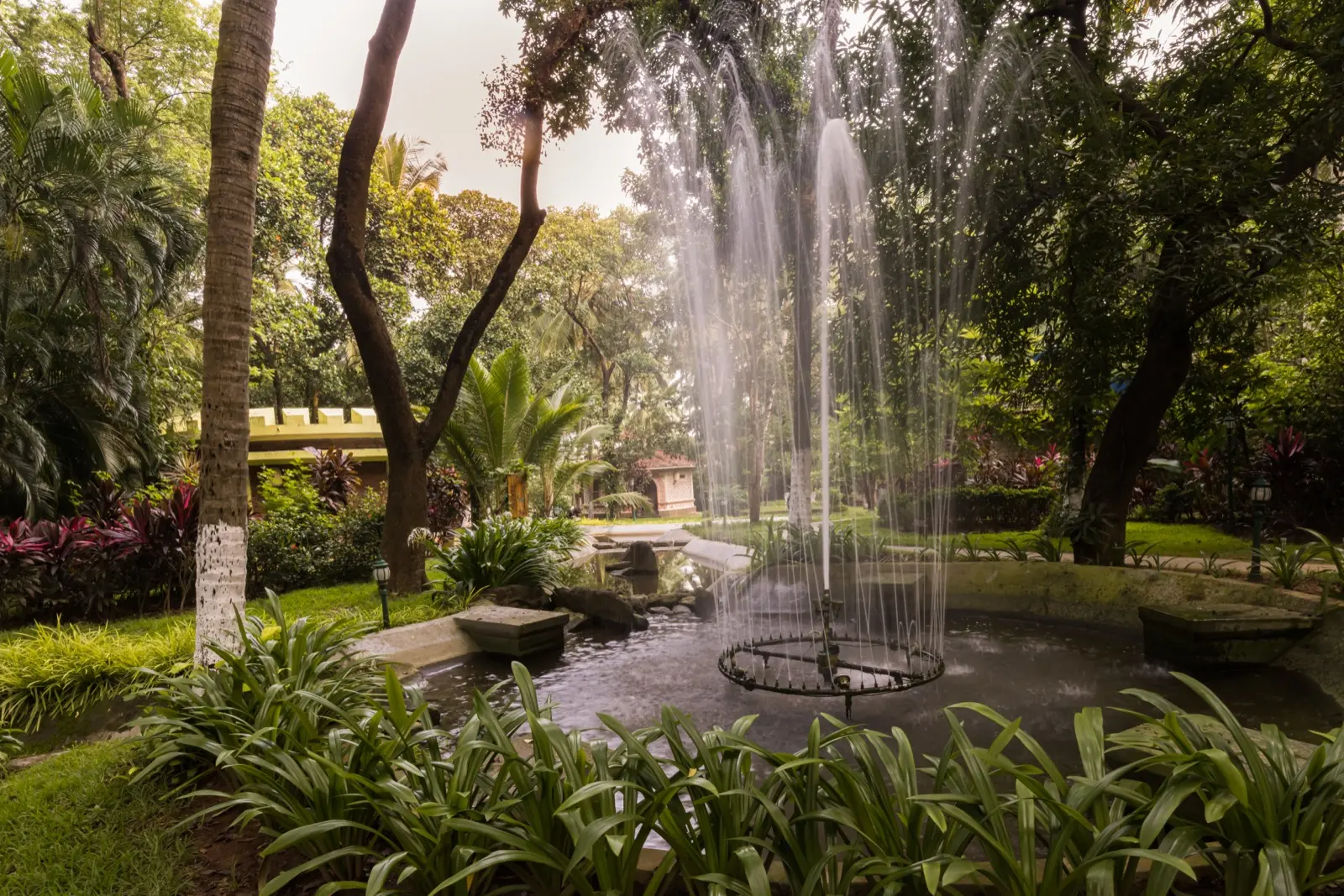 Fontana del giardino che spruzza acqua in uno stagno paesaggistico circondato da una rigogliosa vegetazione tropicale; sullo sfondo si vedono i cottage