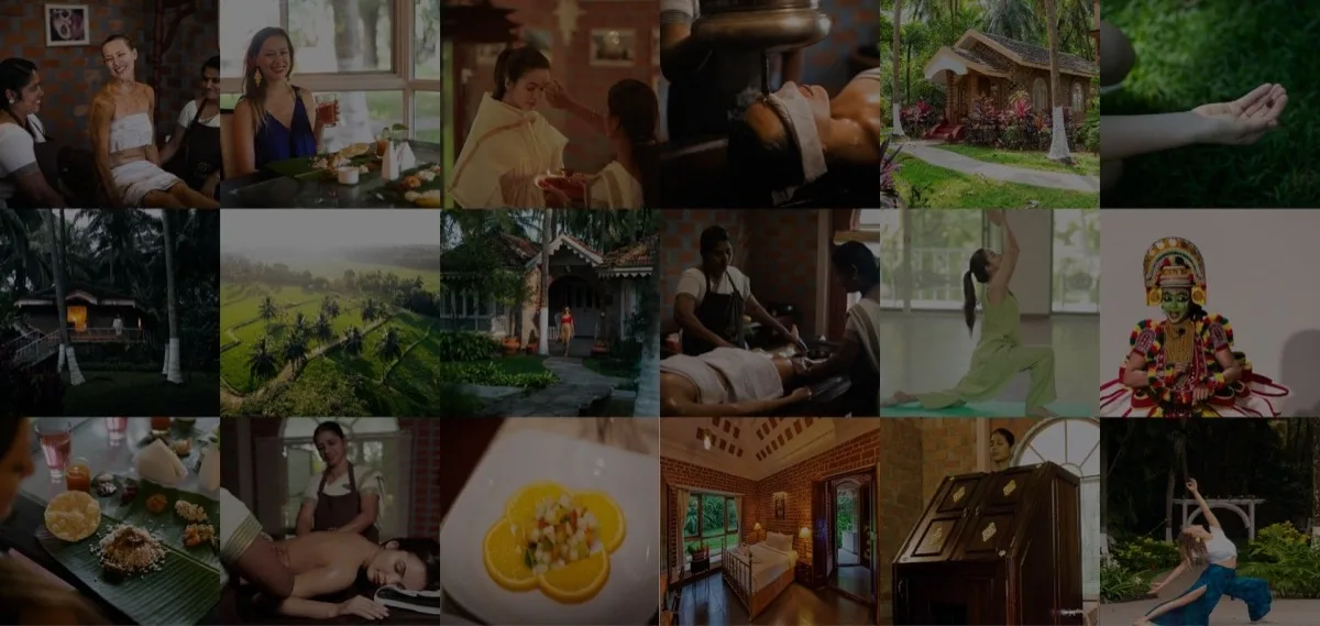 A grid of photographs from the healing village: therapies, meals, yoga, villas, paddy fields and a Kathakali performer