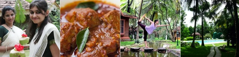 Collage del ritiro con accoglienza, cibo, yoga e giardino