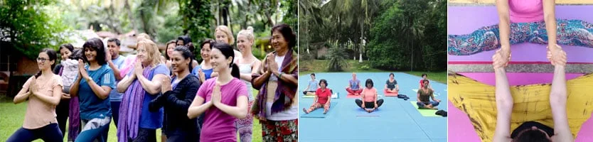 तीन तस्वीरें: बाहर नमस्ते मुद्रा में खड़ी महिलाएँ, योग मैट पर बैठी महिलाएँ, सहायता के साथ किया गया स्ट्रेच