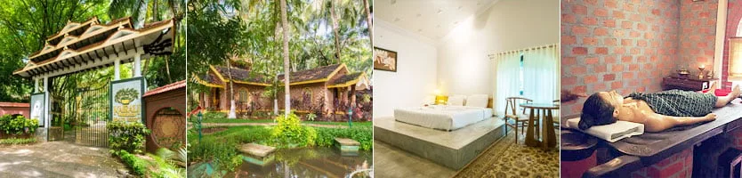 चार तस्वीरें: प्रवेश द्वार, तालाब के किनारे विला, दो बिस्तरों वाला कमरा, उपचार टेबल पर लेटा हुआ रोगी