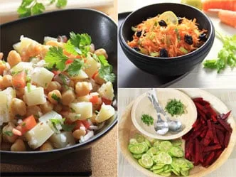 Collage de tres platos vegetarianos: ensalada de garbanzos, ensalada de zanahoria rallada, pepino y remolacha en rodajas