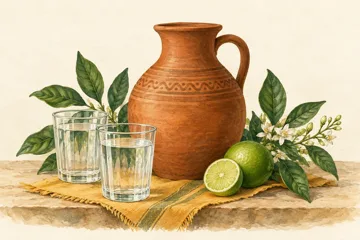 Ilustración de una jarra de agua, vasos y lima