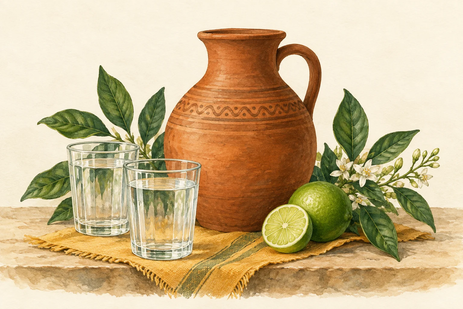 Illustrazione di una brocca d'acqua, bicchieri e lime