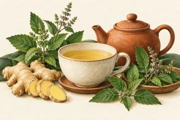 Ilustración de una infusión de hierbas con jengibre y tulsi