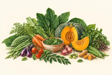 Ilustración de verduras frescas, hortalizas de hoja verde y calabaza