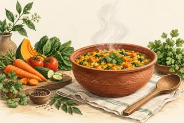Ilustración de una comida caliente de verduras recién preparada
