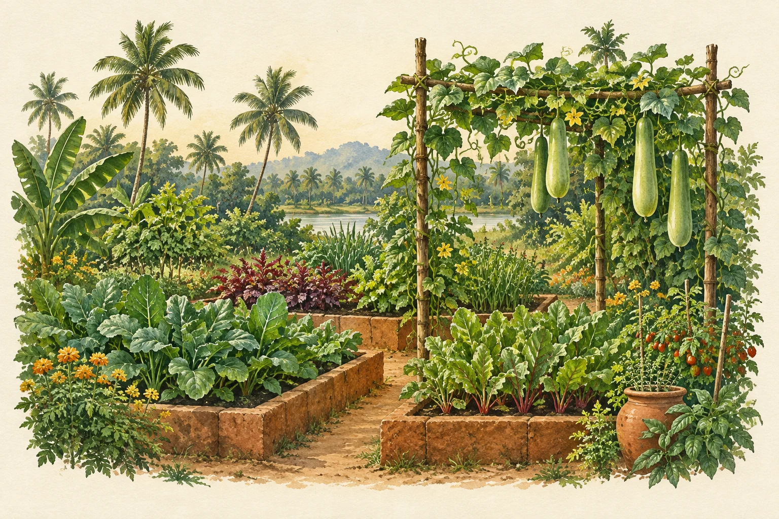 Illustrazione di un orto e di un pergolato di zucche a fiasco
