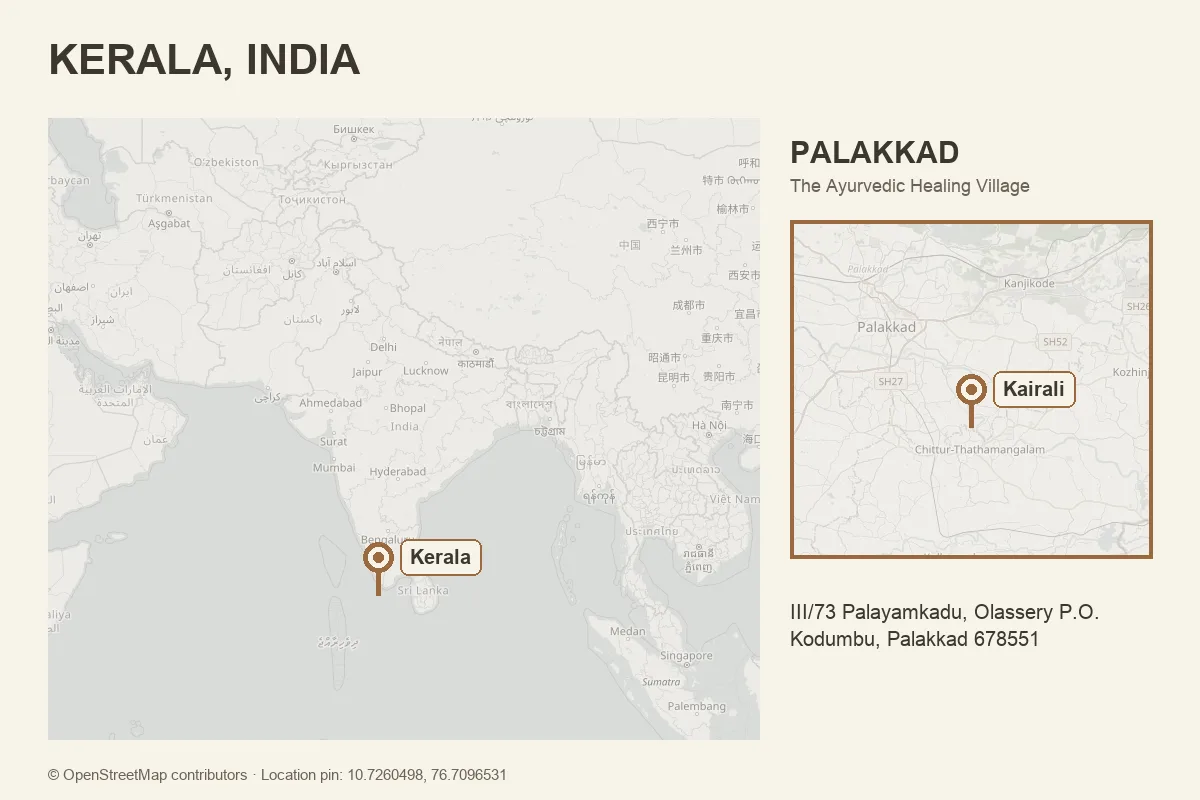Mapa da Índia que mostra Kerala na costa sudoeste, com um detalhe que localiza a Kairali – The Ayurvedic Healing Village em Palakkad