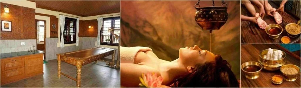 Salle de soins en bois : huile de Shirodhara s’écoulant sur le front d’un patient, massage des pieds et bols en laiton contenant des préparations à base de plantes