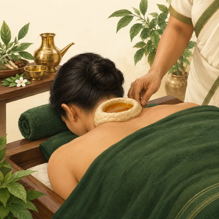 목 뒤쪽에 놓인, 오일을 채운 반죽 링 일러스트