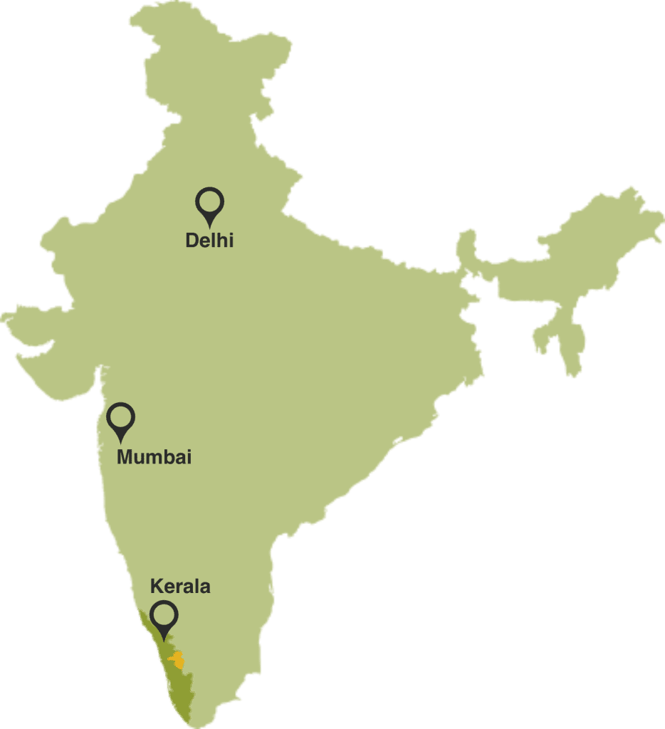 Mapa de la India con Kerala resaltado en el suroeste y Delhi y Mumbai señaladas