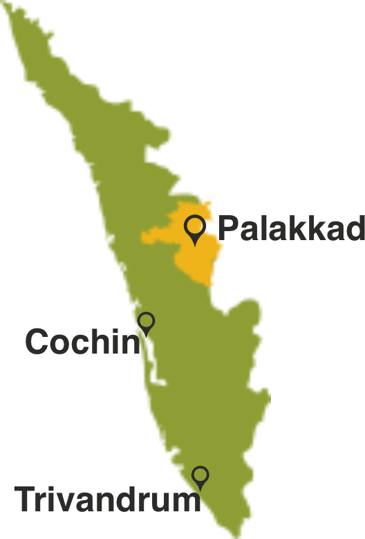 Mapa de Kerala con el distrito de Palakkad resaltado y Cochin y Trivandrum señaladas