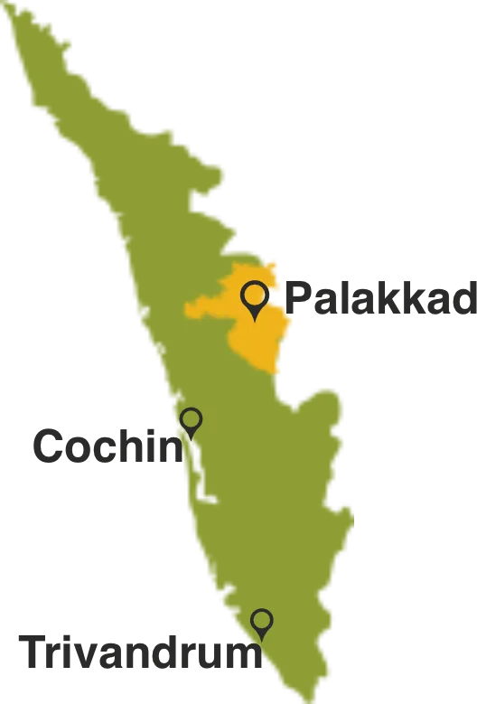 Kaart van Kerala met het district Palakkad gemarkeerd, en Cochin en Trivandrum aangegeven