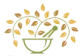 Small emblem of a mortar and pestle framed by green and gold leaves