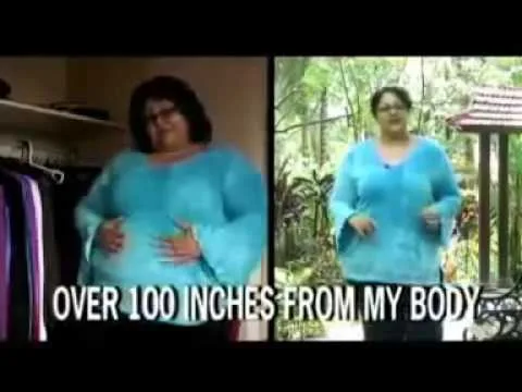"OVER 100 INCHES FROM MY BODY"라는 자막이 있는 여성의 전후 비교 동영상 장면